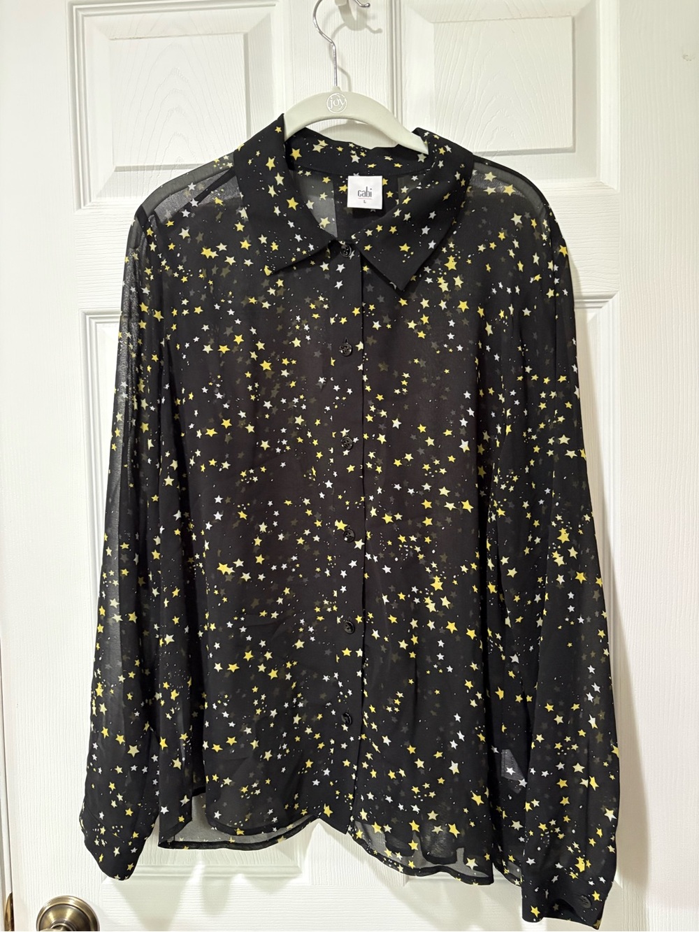 CAbi Black Starry Button-Front Blouse with Yellow & White Stars